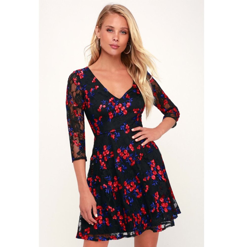 Lulus | Black Lace Floral Embroidered Skater Dress